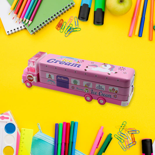 4568 Double Decker Magic Ice Cream Truck Compass Multi Level Metal Truck Compass Pencil Case With Movable Wheels Sharpener