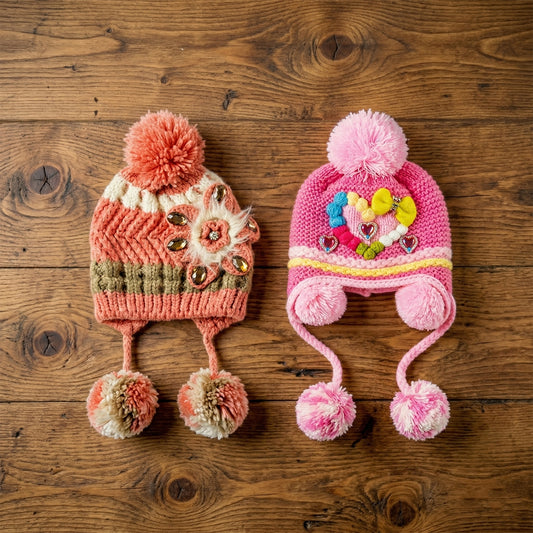 Cute Kids Winter Woolen Ear Flap Cap With Pom Pom (1 Pc Mix Design)