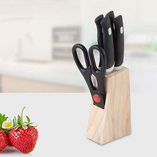Kitchen Knife Set With Wooden Block And Scissors (5 Pcs Black)