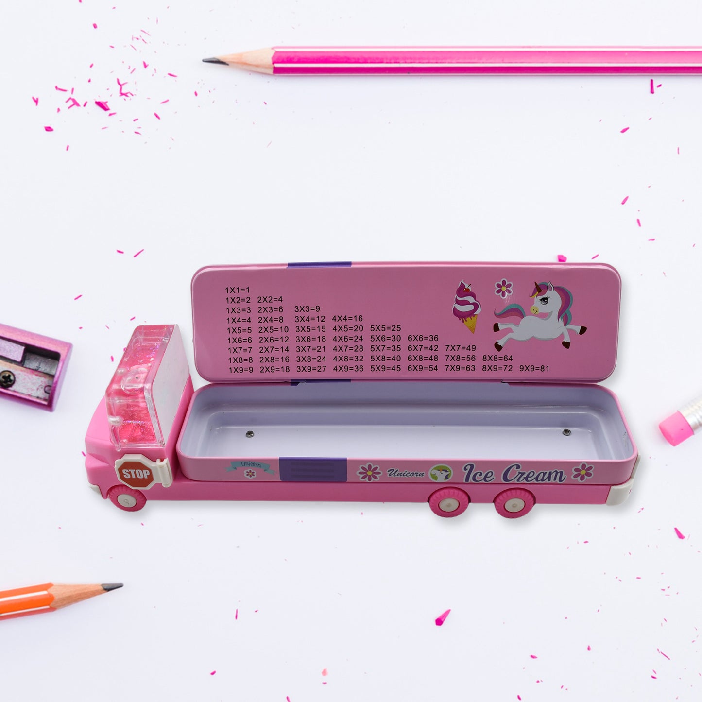 4568 Double Decker Magic Ice Cream Truck Compass Multi Level Metal Truck Compass Pencil Case With Movable Wheels Sharpener
