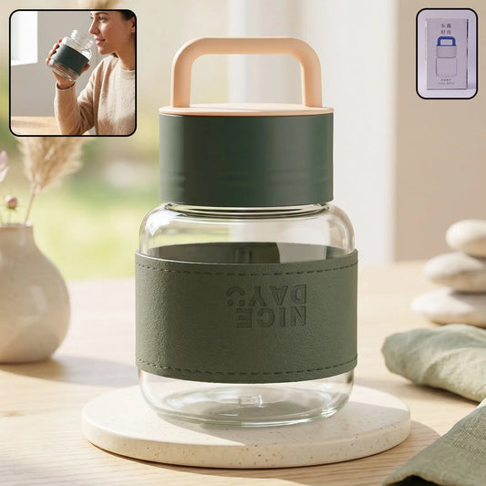 Glass Water Bottle With Handle And Leather Sleeve For Office Travel (1 Pc)