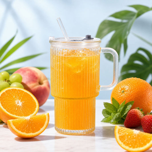 Glass Tumbler With Lid Straw And Handle For Cold Beverages And Juice (1 Pc)