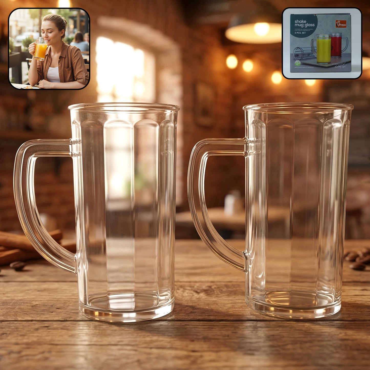 Prexo Plastic Shake Mug Glass With Handle (2 Pc Set 400 Ml Approx)