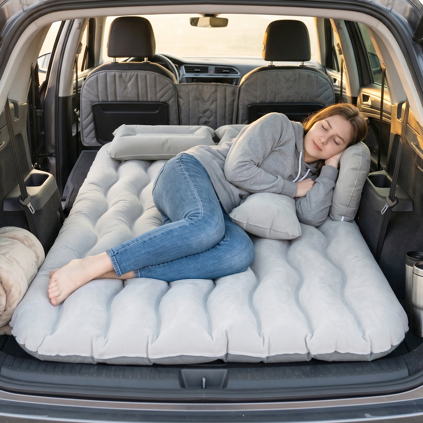 Portable Car Air Mattress Bed Set With Pump  Pillows Inflatable (Grey)