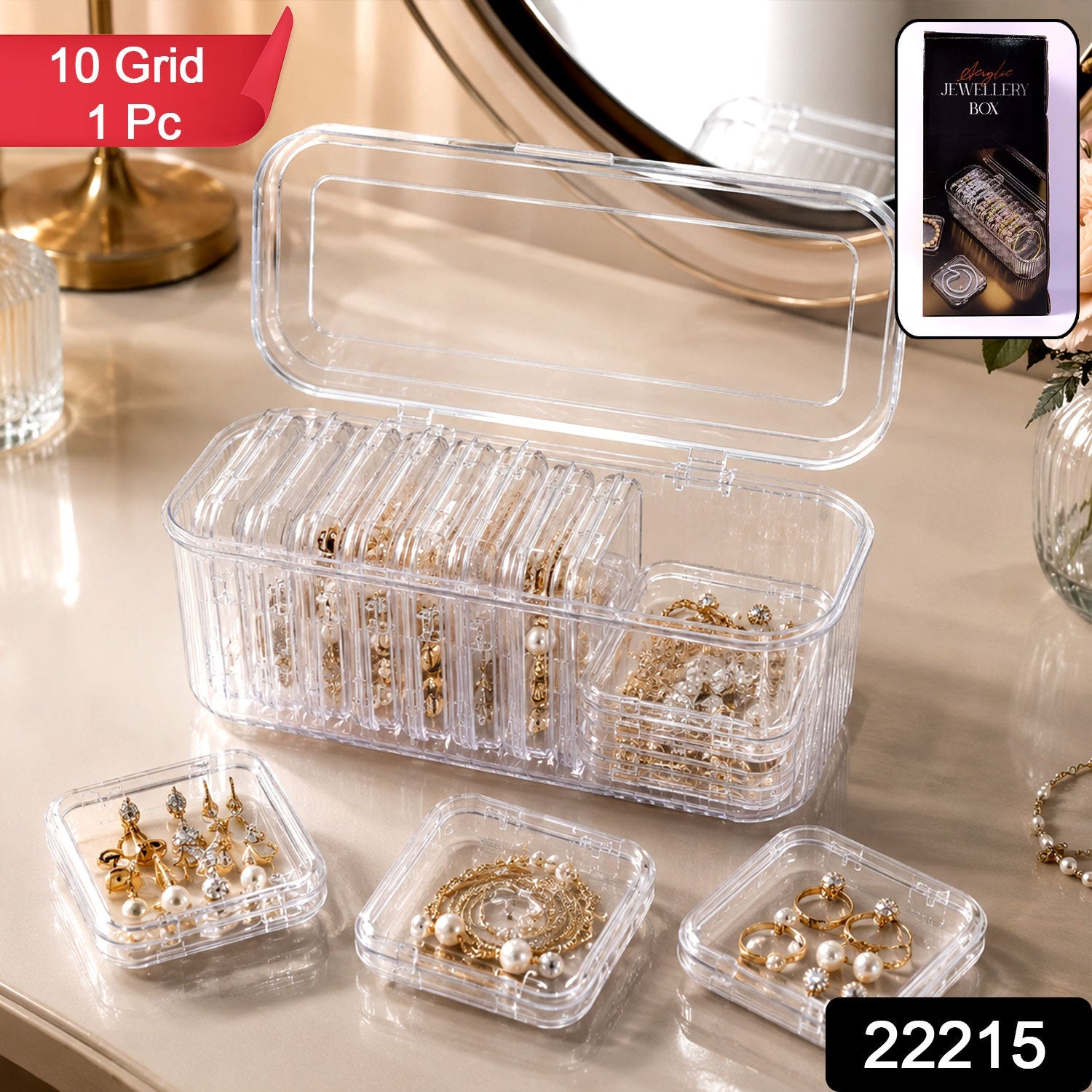 Acrylic Jewellery Storage Box  Clear Organizer With 10 Compartments