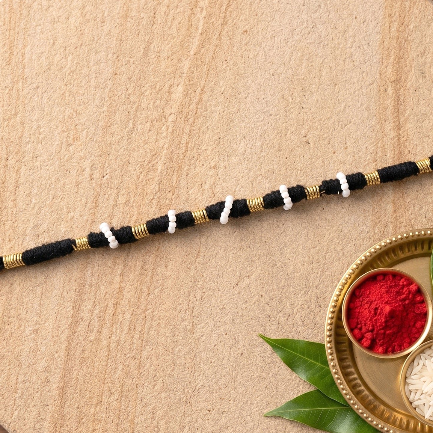 Handmade Black Bracelet Rakhi With White Beads (1 Pc)