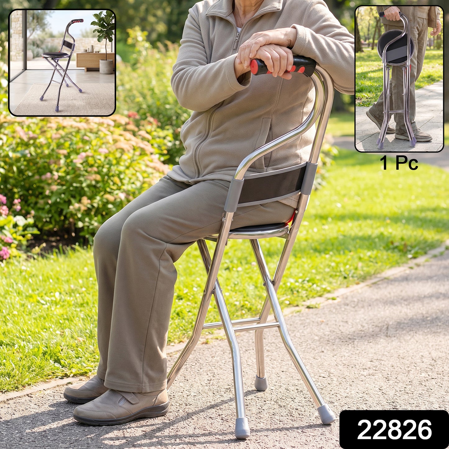 Folding Walking Stick With Seat And Backrest 4 Leg Cane Stool Chair (1 Pc)