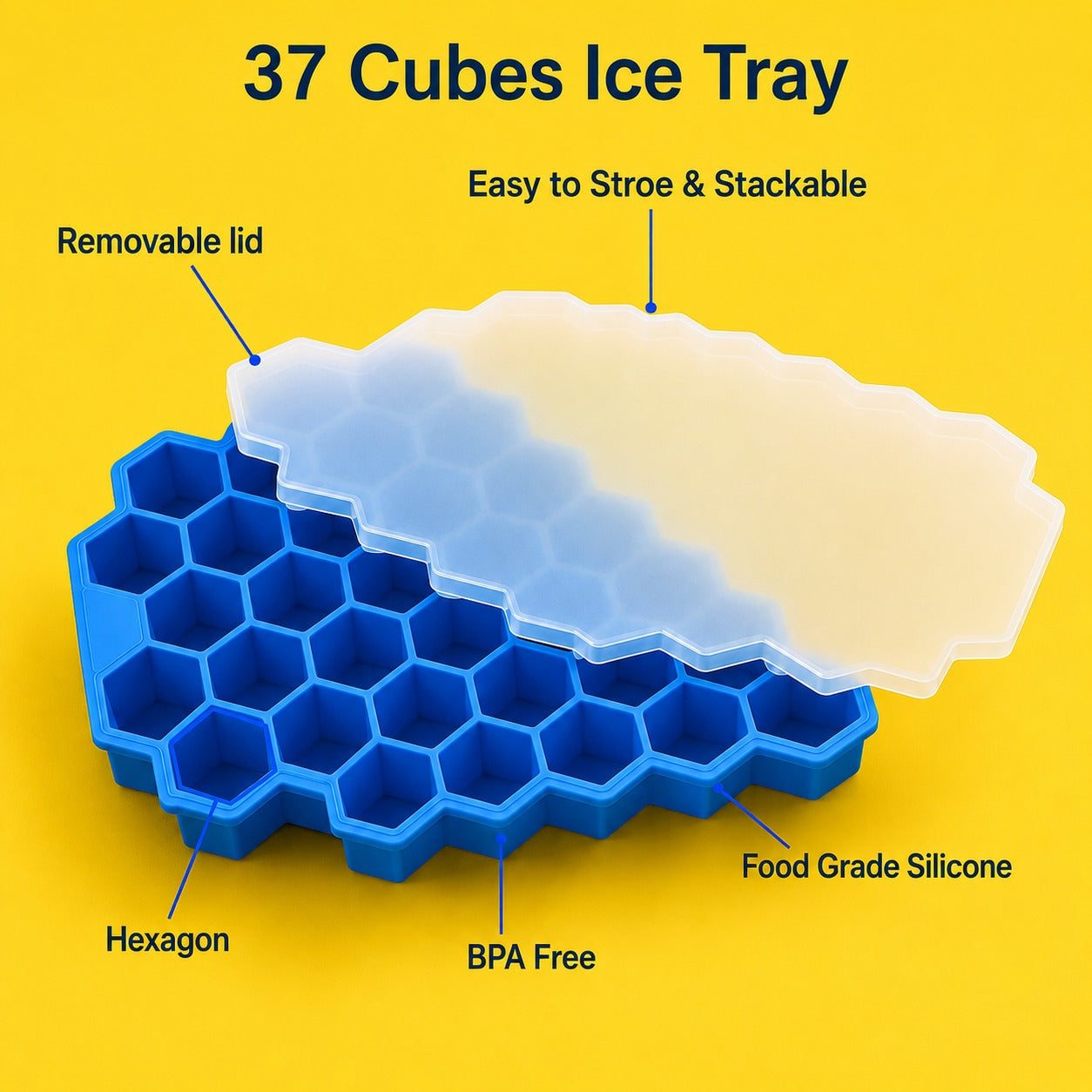 Hexagon Silicone Ice Cube Tray with Lid for Freezer & Drinks (Random Color 1 PC)