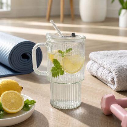 Glass Tumbler With Lid Straw And Handle For Cold Beverages And Juice (1 Pc)