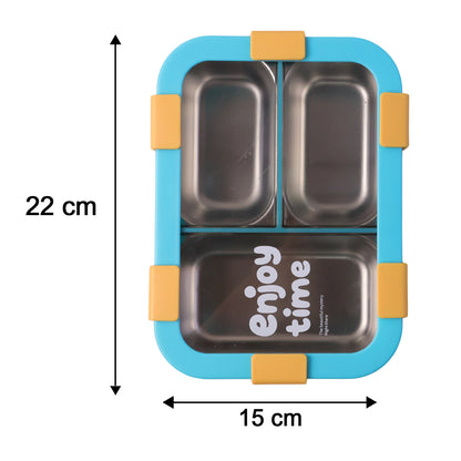 Airtight 3 Compartment Stainless Steel Lunch Box With Spoon  Fork  600ml