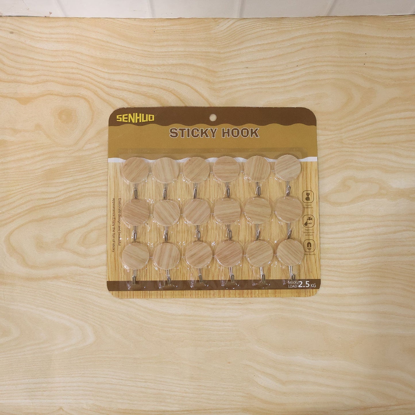 Self Adhesive Wall Hooks Strong Sticky Wooden Look Hanger No Drill (18 Pc)