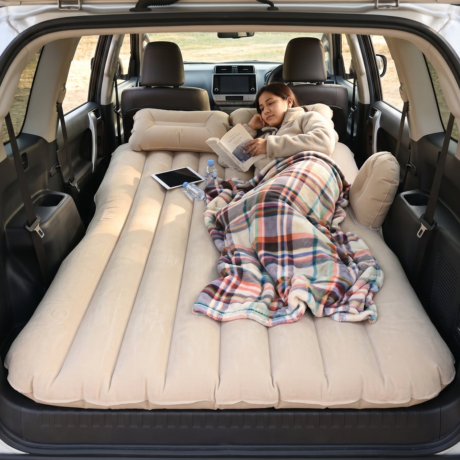 Portable Car Air Mattress Bed Set With Pump  Pillows Inflatable (Beige)