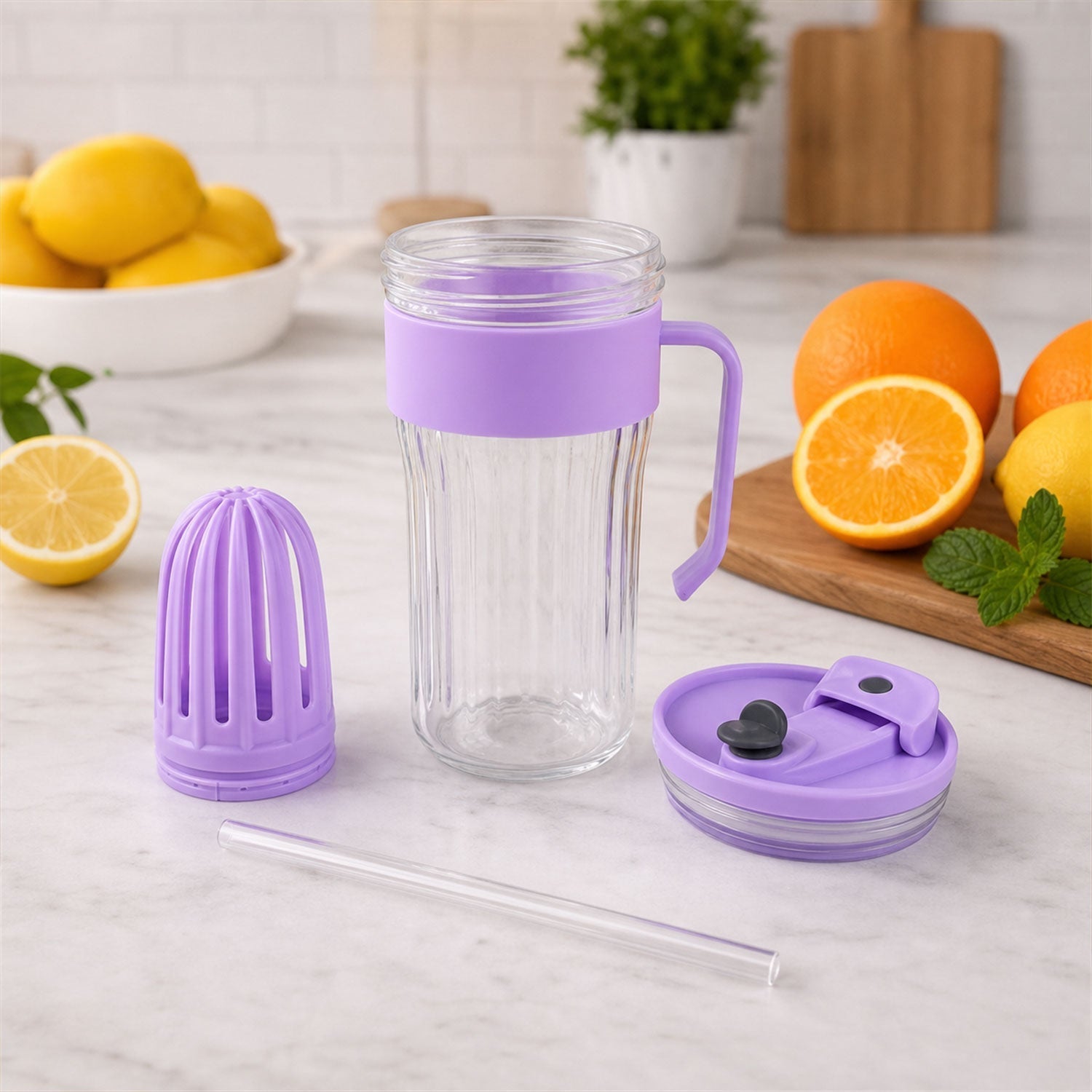 Glass Tumbler With Lid Straw And Handle For Cold Beverages And Juice (1 Pc)