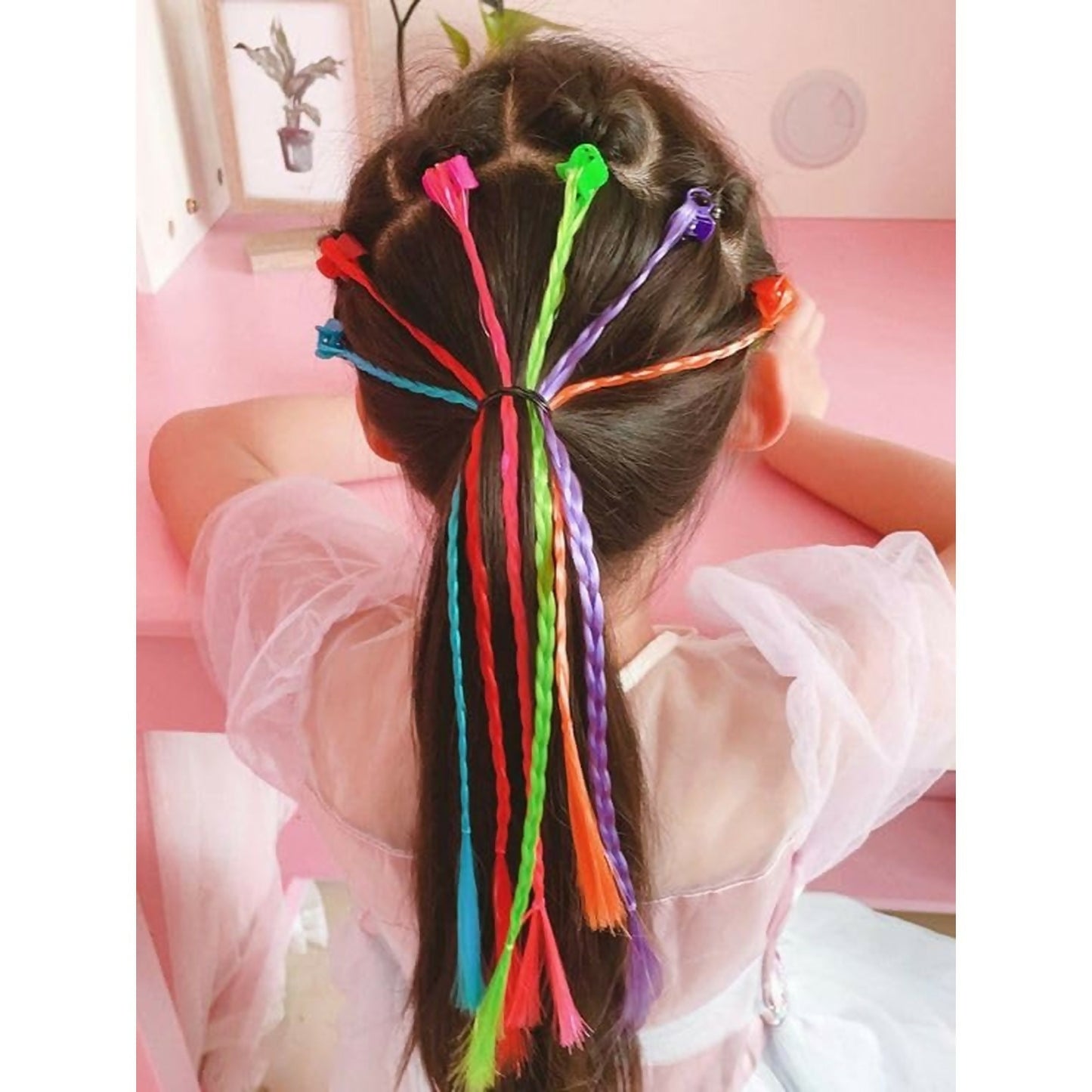 Kids Hair Braid Extensions with Clips | Fun Party Hair Accessories Pack of 6 (Color may vary)