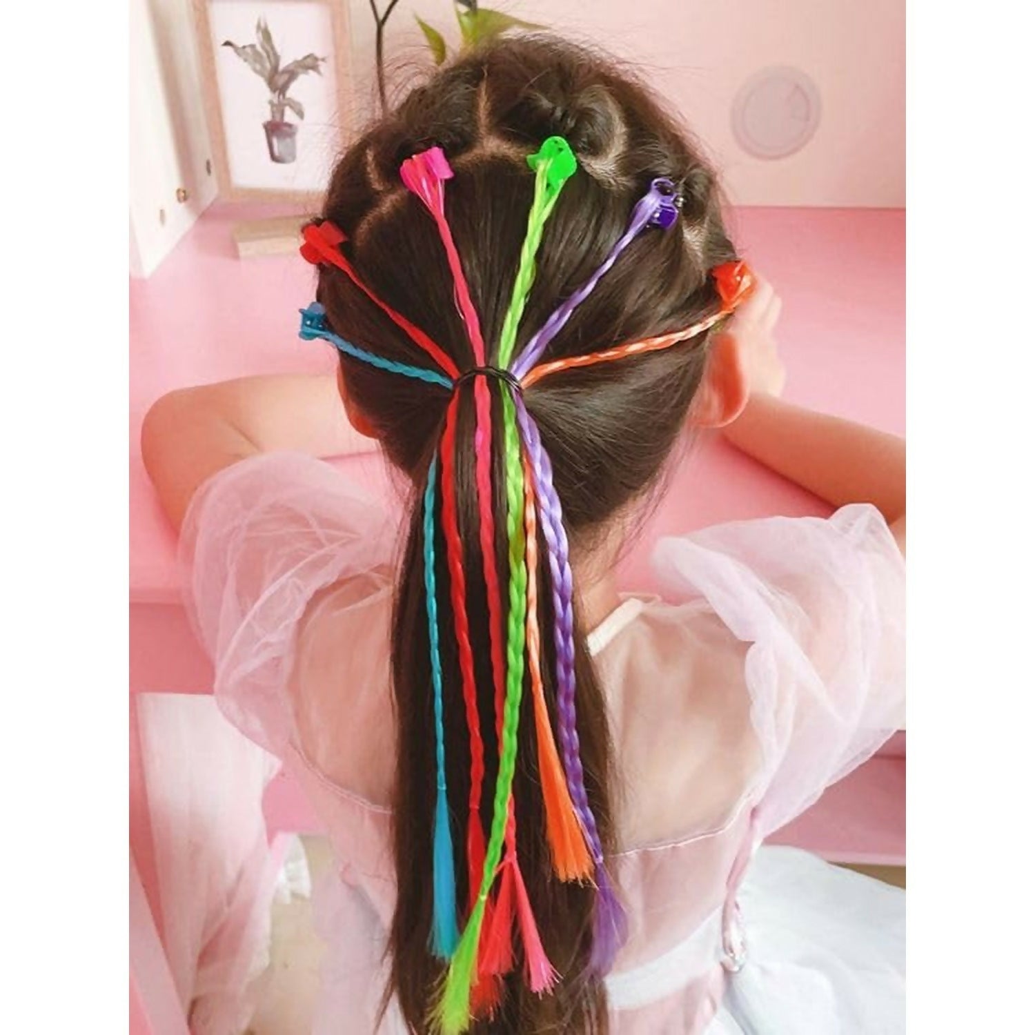 Kids Hair Braid Extensions with Clips | Fun Party Hair Accessories Pack of 6 (Color may vary)