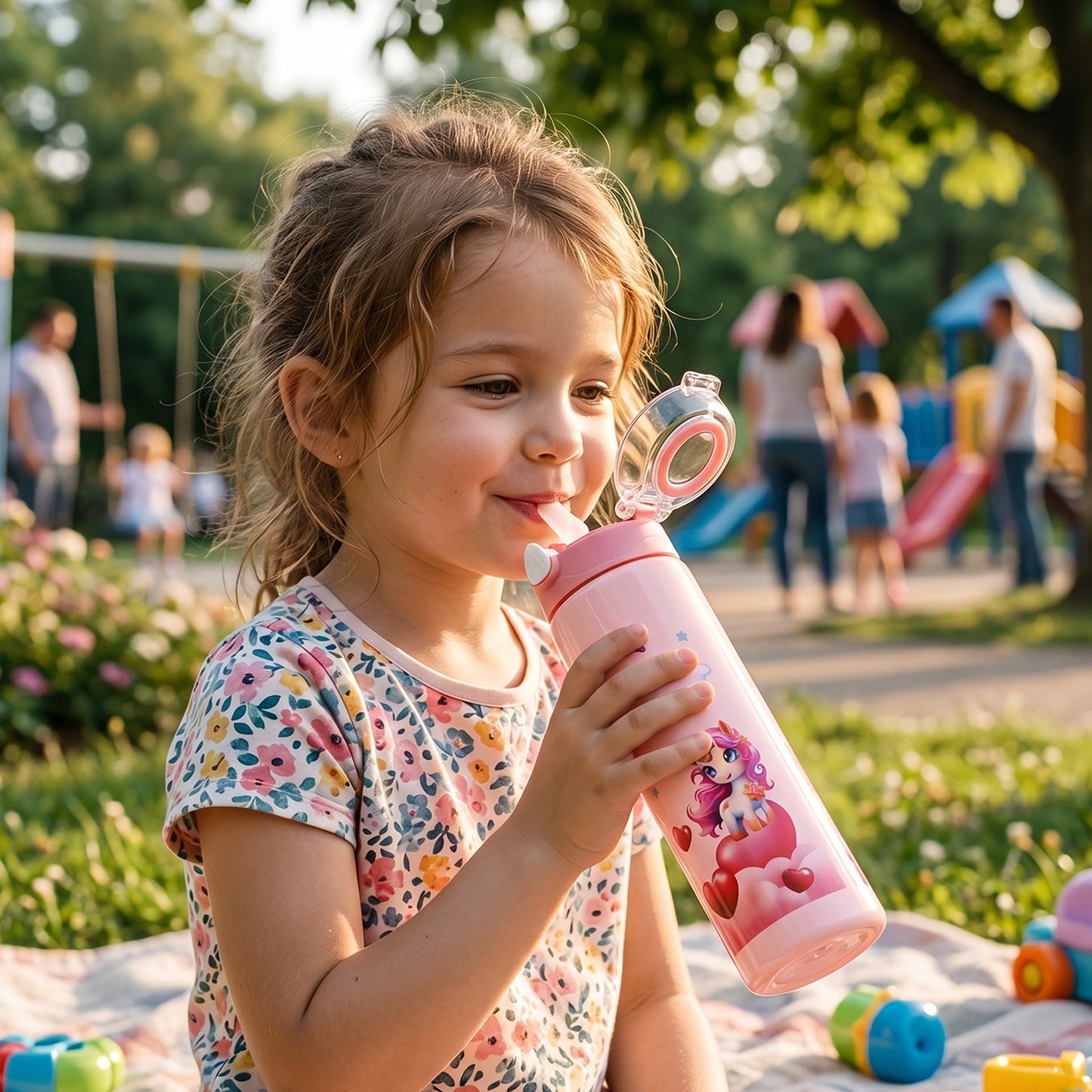 Cute Cartoon Printed Kids Water Bottle With Flip Top Lid Straw (500 Ml Approx)