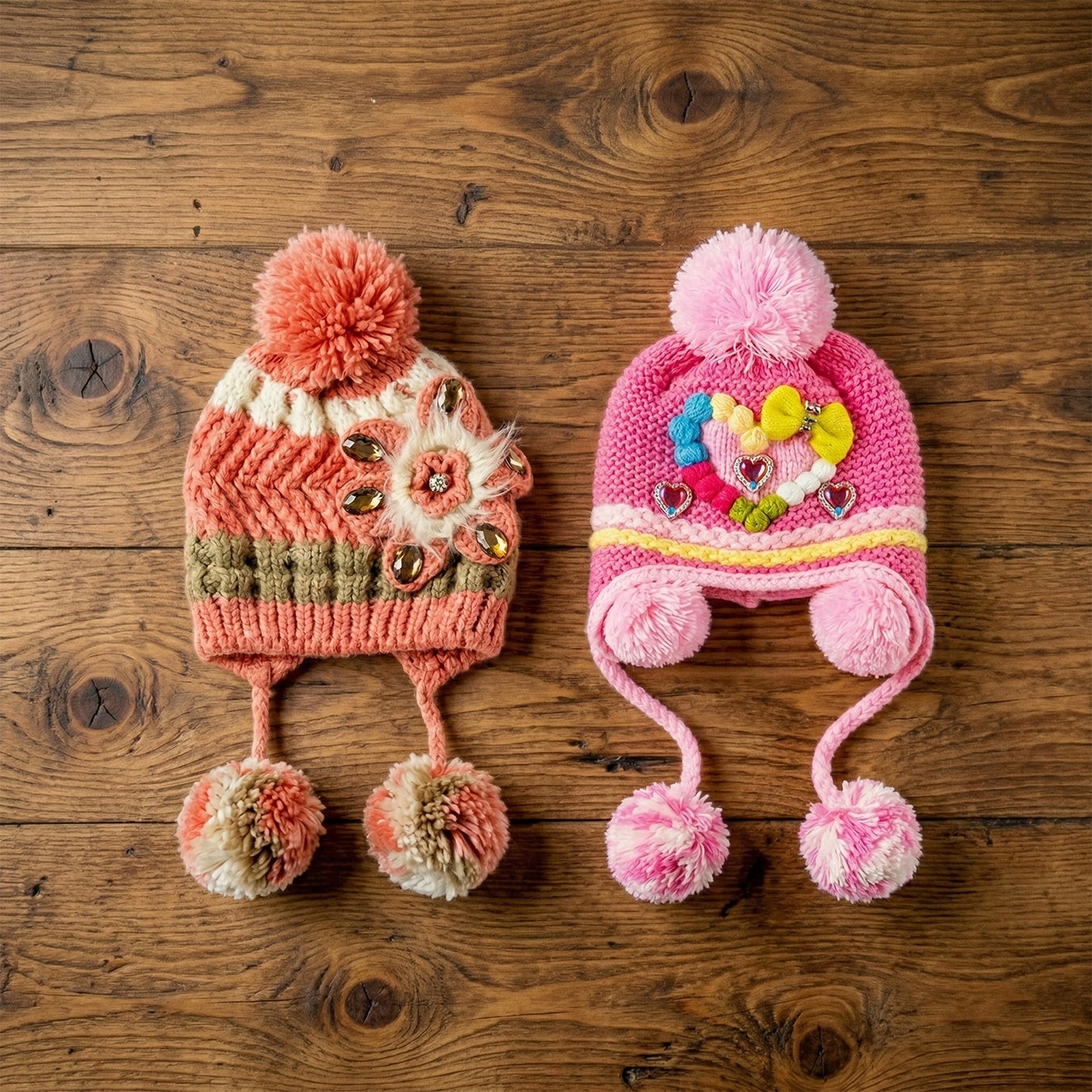 Cute Kids Winter Woolen Ear Flap Cap With Pom Pom (1 Pc Mix Design)