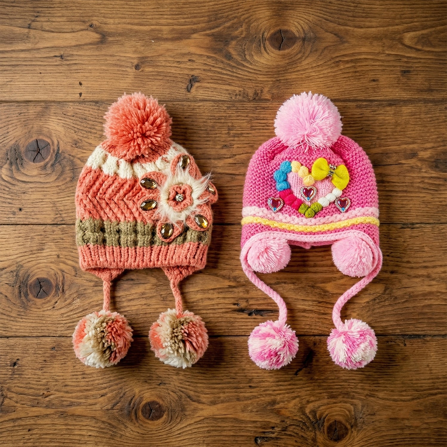 Cute Kids Winter Woolen Ear Flap Cap With Pom Pom (1 Pc Mix Design)