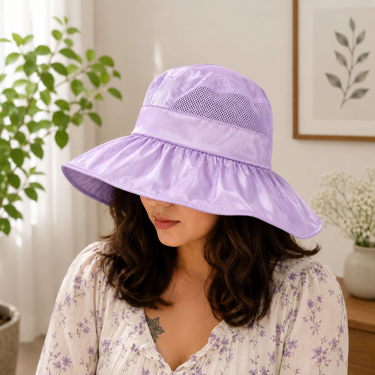 Women’s Wide Brim Sun Protection Hat with Open Top & Mesh Design (Random Color 1 PC)