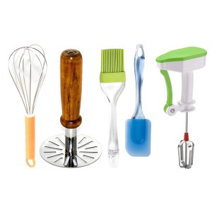 Combo of Steel Potato Masher, Manual Whisk Mixer, Spatula, Pastry Brush & Power-Free Blender – Easy-to-Use Cooking Essential Kitchen Tools for Cooking, Baking, and Mixing