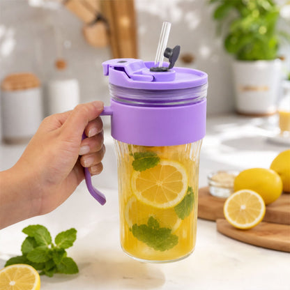 Glass Tumbler With Lid Straw And Handle For Cold Beverages And Juice (1 Pc)