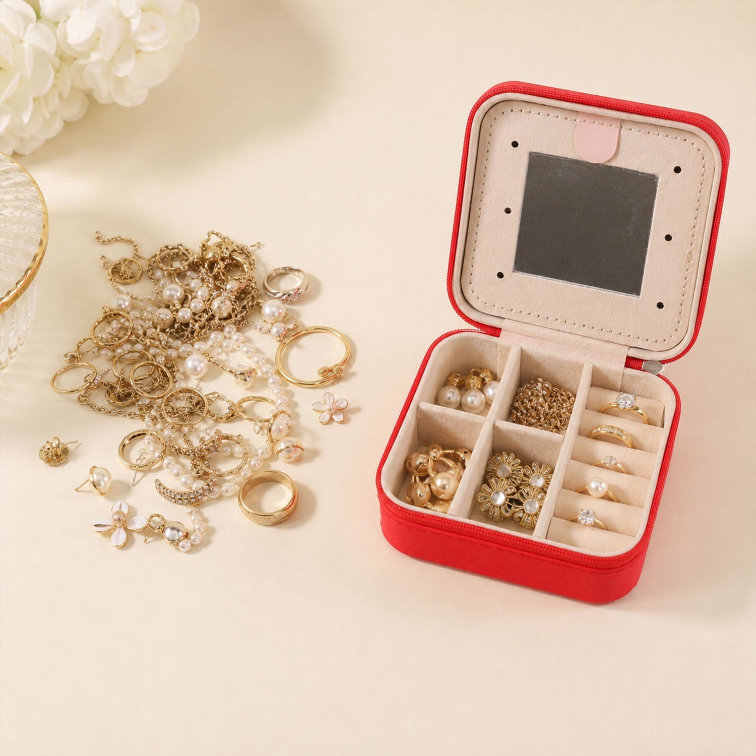 Mini Jewelry Organizer Box With Mirror For Rings And Earrings (1 Pc)
