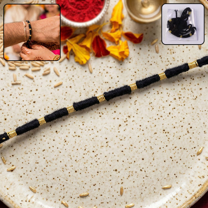Handmade Black Thread Bracelet Rakhi With Gold Beads (1 Pc)