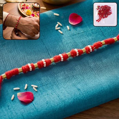 Handmade Red Bracelet Rakhi With White Beads (1 Pc)