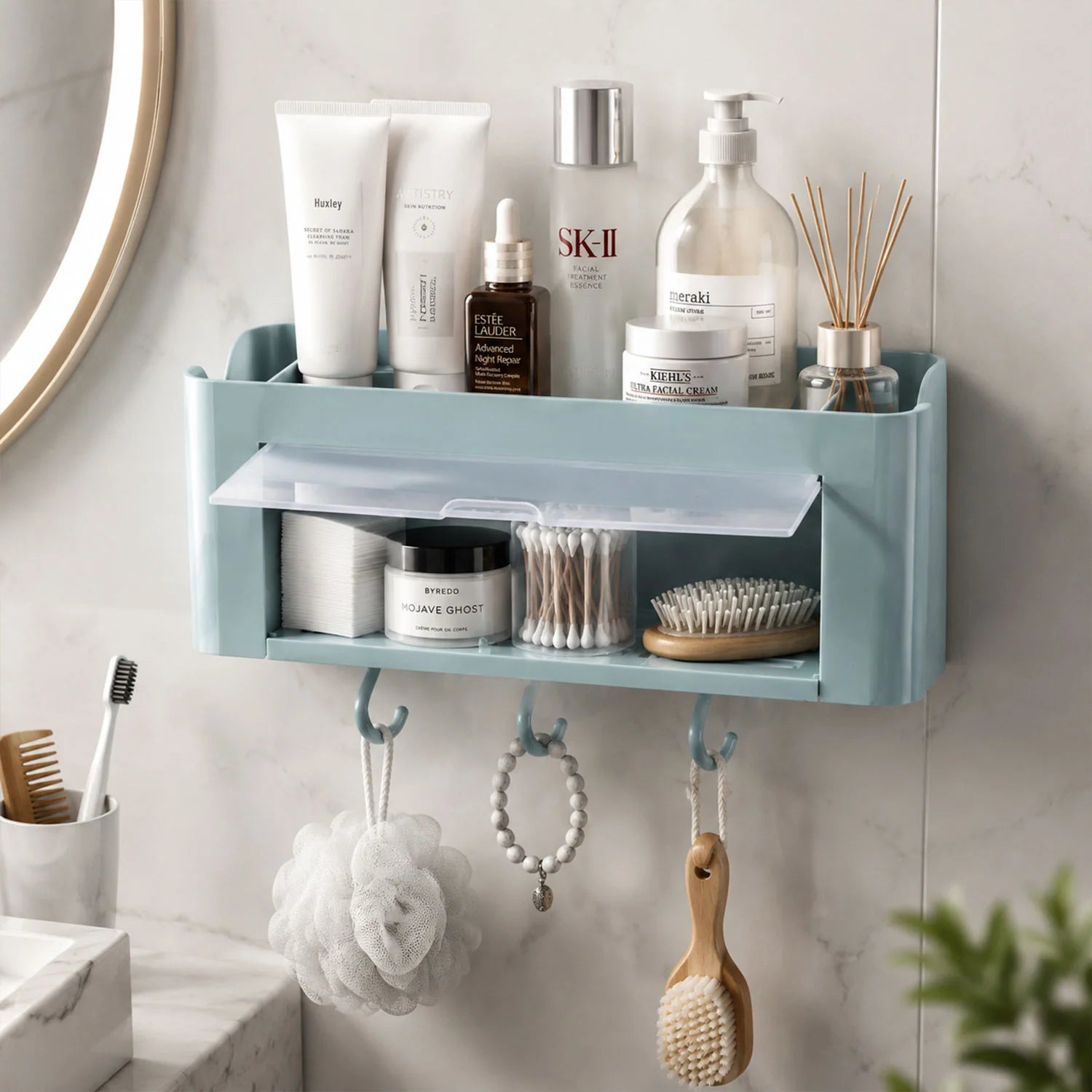 Wall Mounted Multi Storage Organizer Shelf With Hooks For Bathroom (1 Pc)