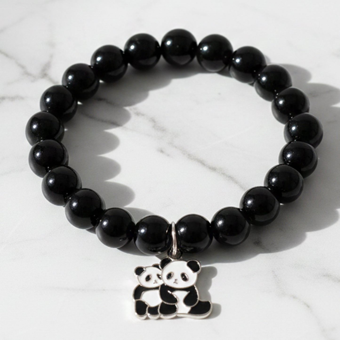 Premium Black Beaded Stretch Bracelet With Cute Panda Charm (1 Pc)