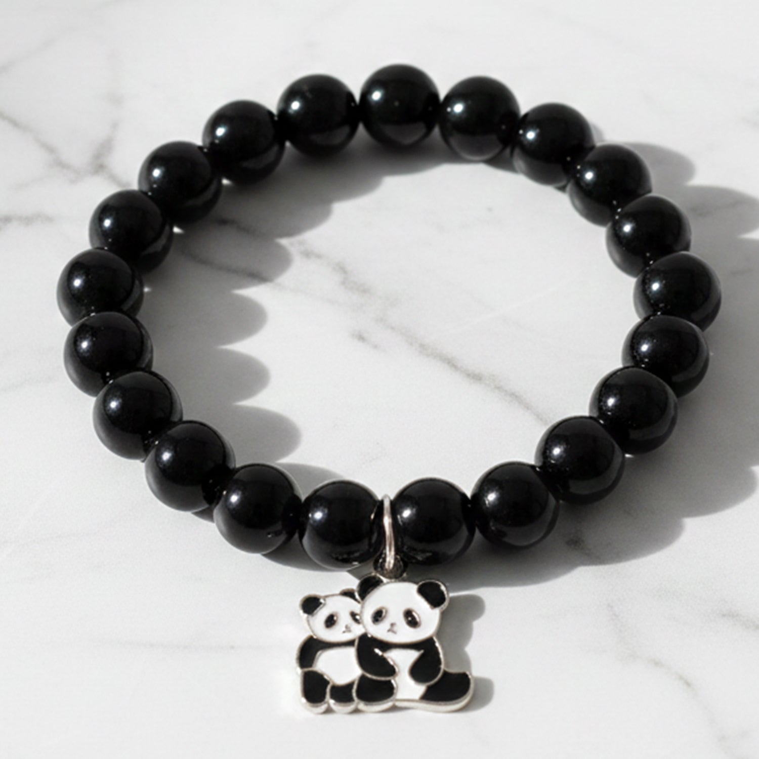Premium Black Beaded Stretch Bracelet With Cute Panda Charm (1 Pc)