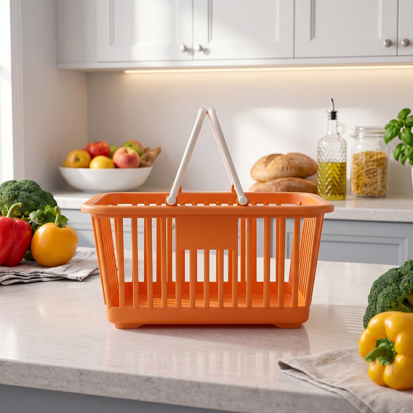 Plastic Storage Basket With Foldable Handles For Fruits Vegetables And Grocery (1 Pc)
