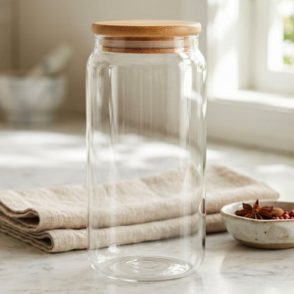 Airtight Glass Storage Jar With Bamboo Wooden Lid For Kitchen Canister (1 Pc)