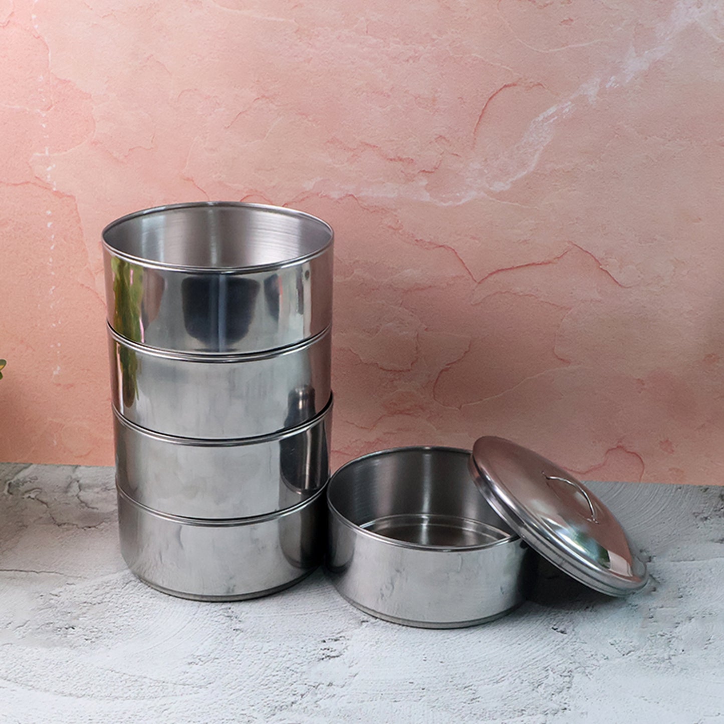 5799 Big Size 5 Compartment Lunch Box Stainless Steel Round Tiffin Traditional Tiffin Box For Kids College Office Men And Women Meal Holder With Locking Clip 5 Containers (16x5 Inch)