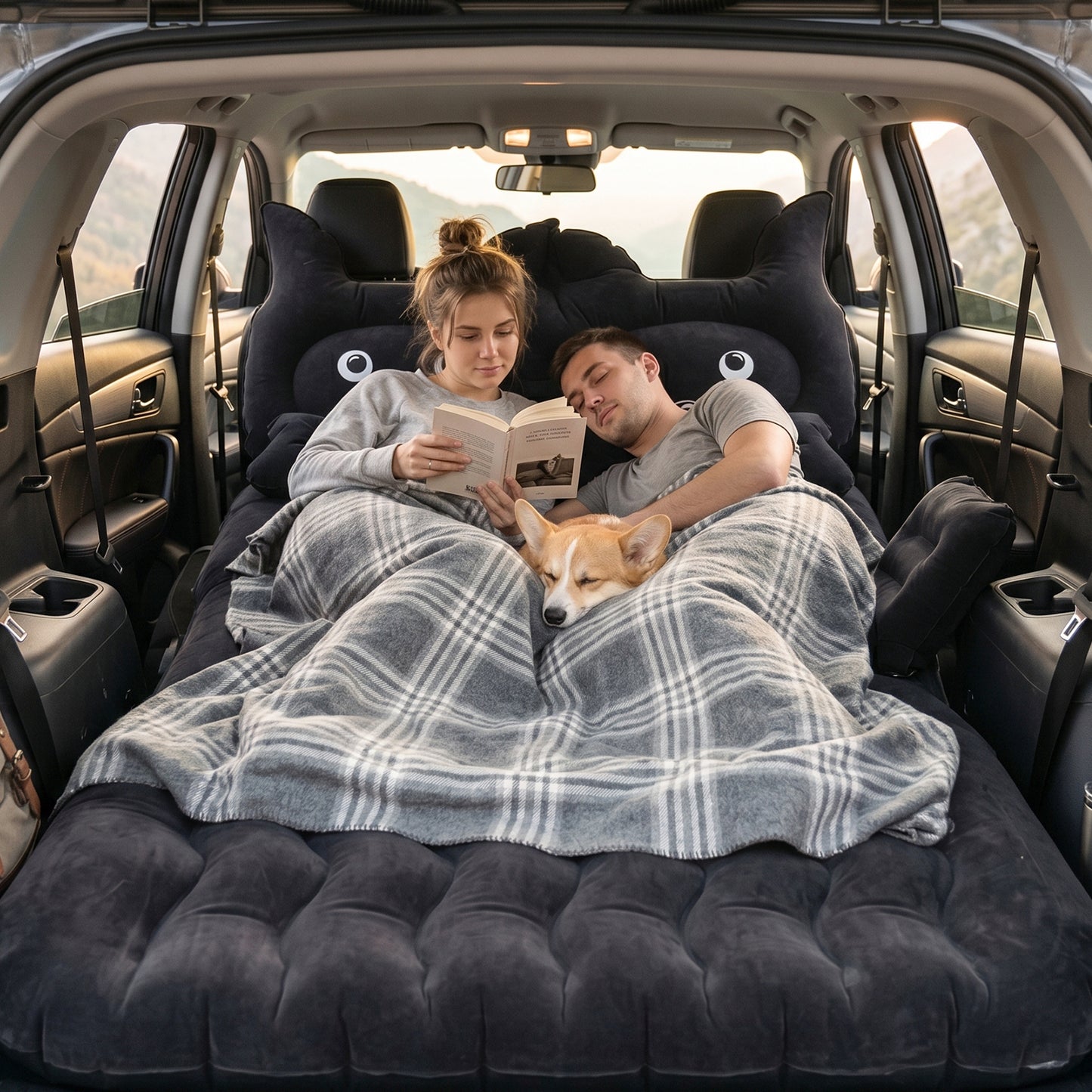 Cute Car Air Mattress Set With Black Cat Pillow For Comfortable Sleeping On The Go (1 Set)