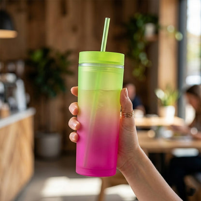 Gradient Plastic Drinking Tumbler Cup With Lid And Straw 400 Ml Approx
