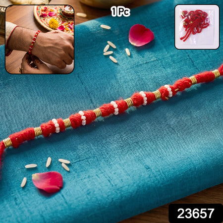Handmade Red Bracelet Rakhi With White Beads (1 Pc)