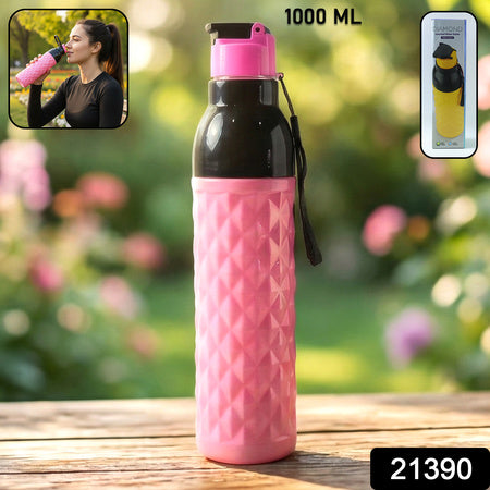 Plastic 1000 Ml Approxdiamond Pattern Leakproof Water Bottle (1 Pc)