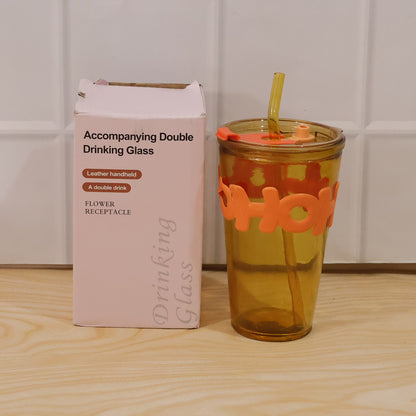 Transparent Glass Tumbler With Lid And Straw (450 Ml)