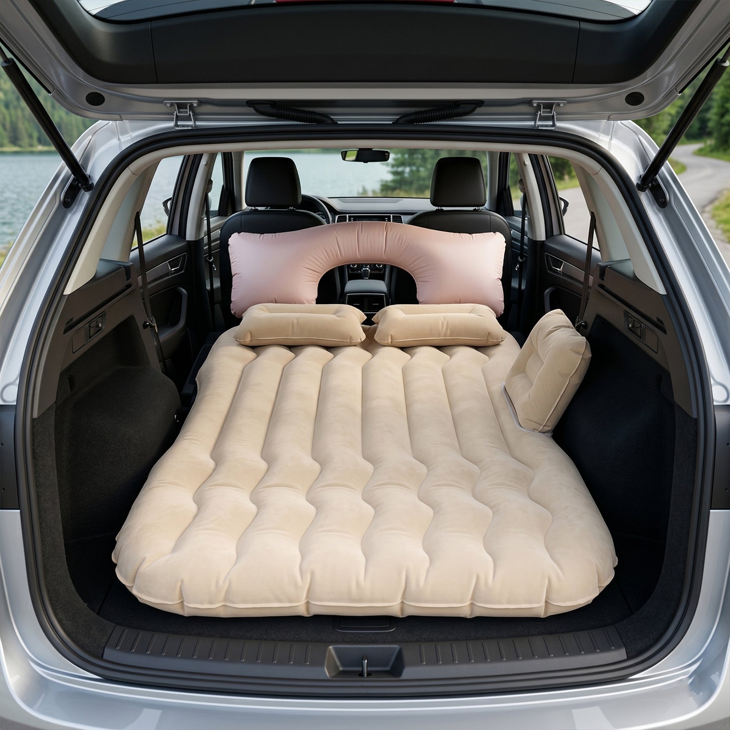 Car Air Mattress Bed Set With Inflatable Cushions And Pump -1 Set (Mix Design)