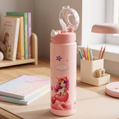 Cute Cartoon Printed Kids Water Bottle With Flip Top Lid Straw (500 Ml Approx)