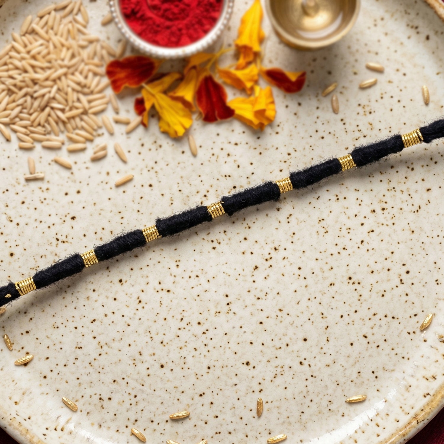 Handmade Black Thread Bracelet Rakhi With Gold Beads (1 Pc)