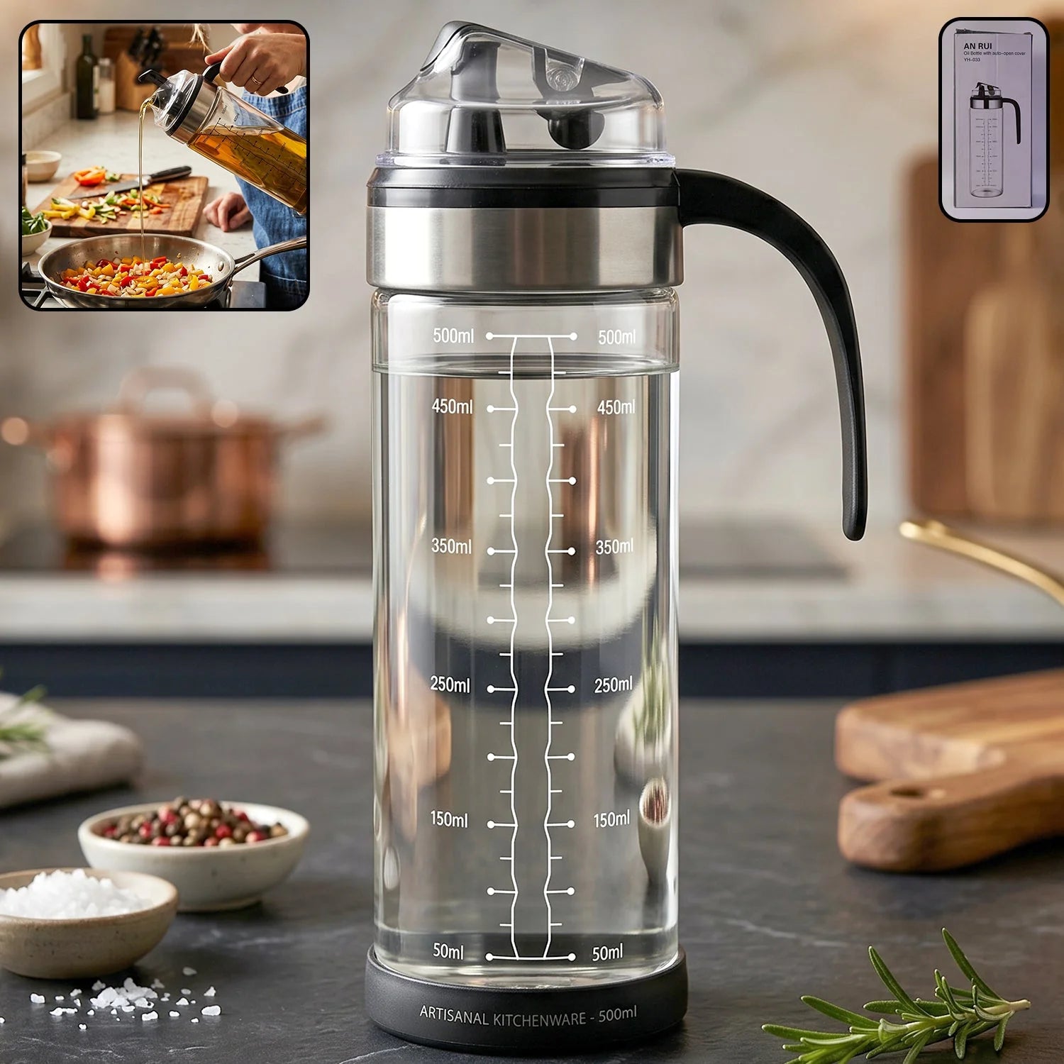 Glass Oil Dispenser Bottle With Handle And Auto Flip Lid For Kitchen (500 Ml)