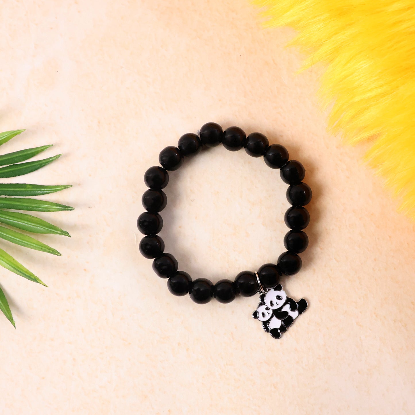Premium Black Beaded Stretch Bracelet With Cute Panda Charm (1 Pc)