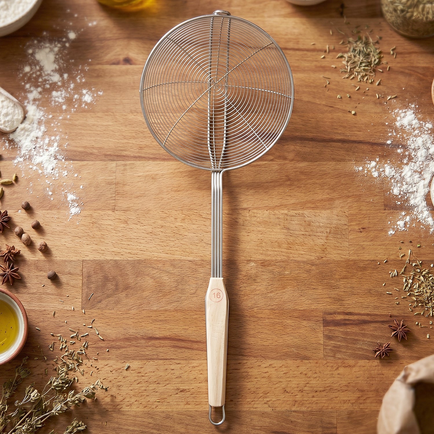 Stainless Steel Frying Skimmer Strainer With Wooden Handle (1 Pc 45 Cm)