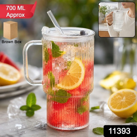 Glass Tumbler With Lid Straw And Handle For Cold Beverages And Juice (1 Pc)