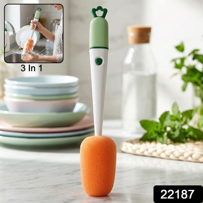 3 In 1 Carrot Bottle Cleaning Brush With Sponge For Cups And Flasks (1 Pc)
