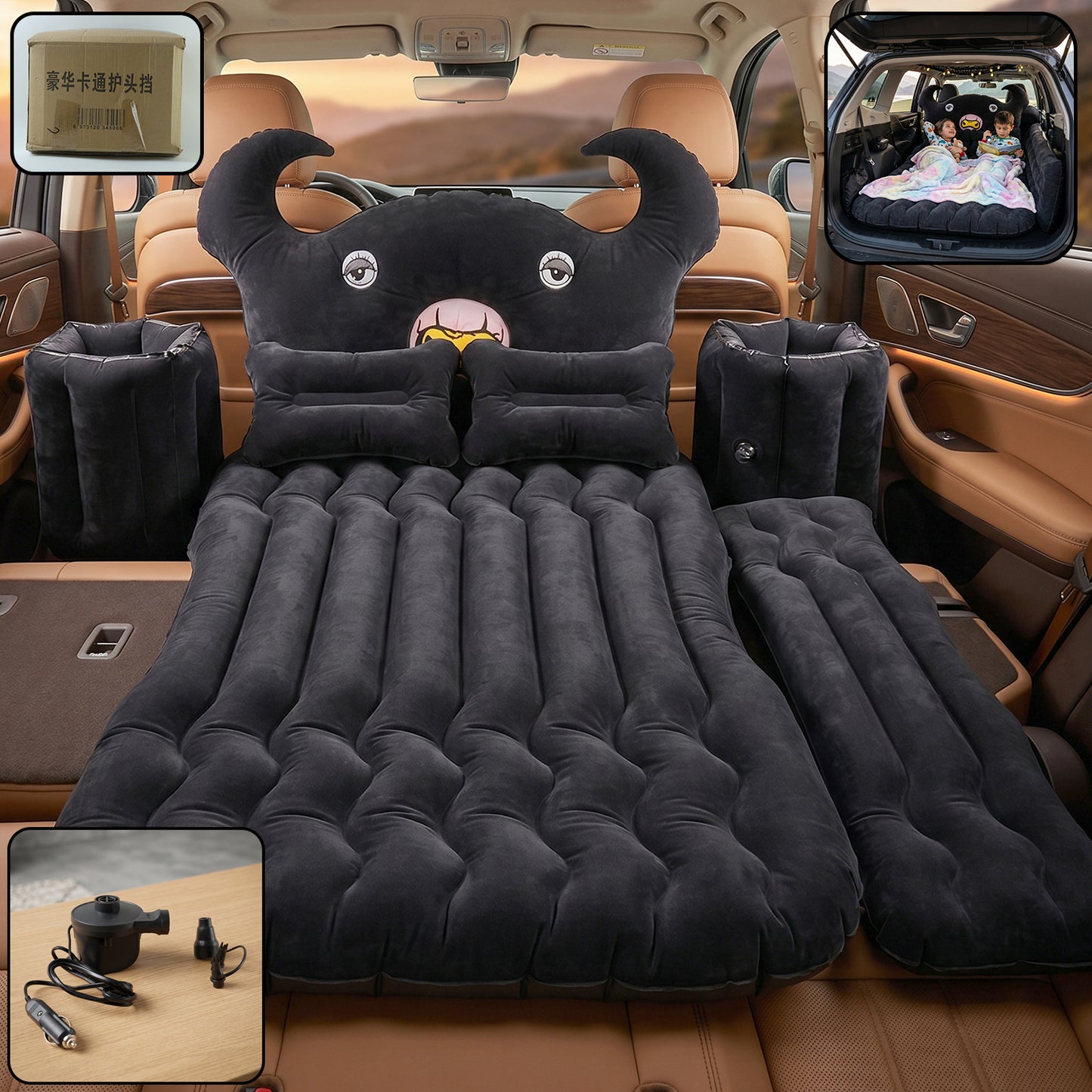 Car Air Mattress With Black Monster Pillow And Cushions For Kids And Adults (1 Set)