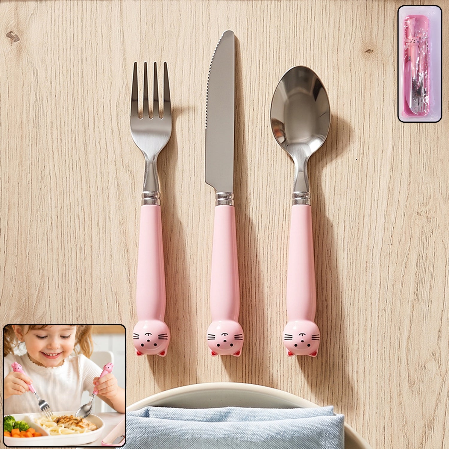 Kids Stainless Steel Cutlery Set 3 In 1 Fork Knife Spoon With Case (3 Pc Set)