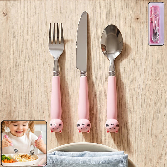 Kids Stainless Steel Cutlery Set 3 In 1 Fork Knife Spoon With Case (3 Pc Set)